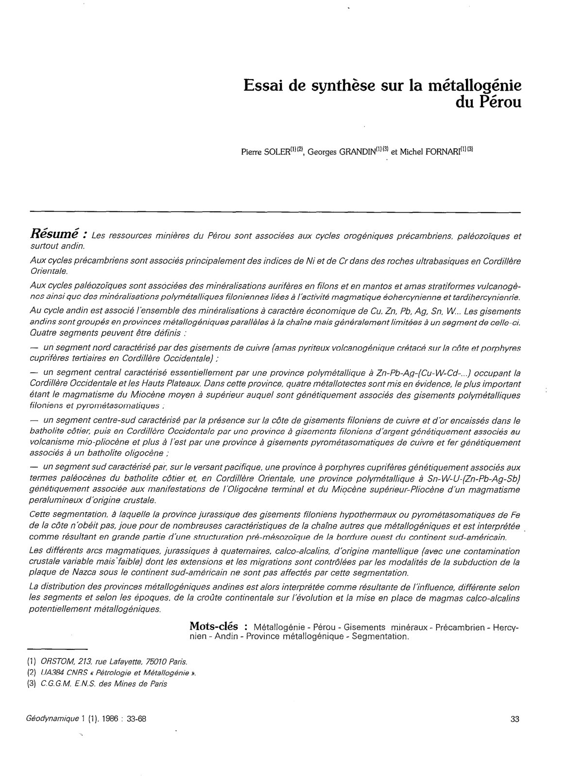 First page of Essai de synthèse sur la métallogénie du Pérou