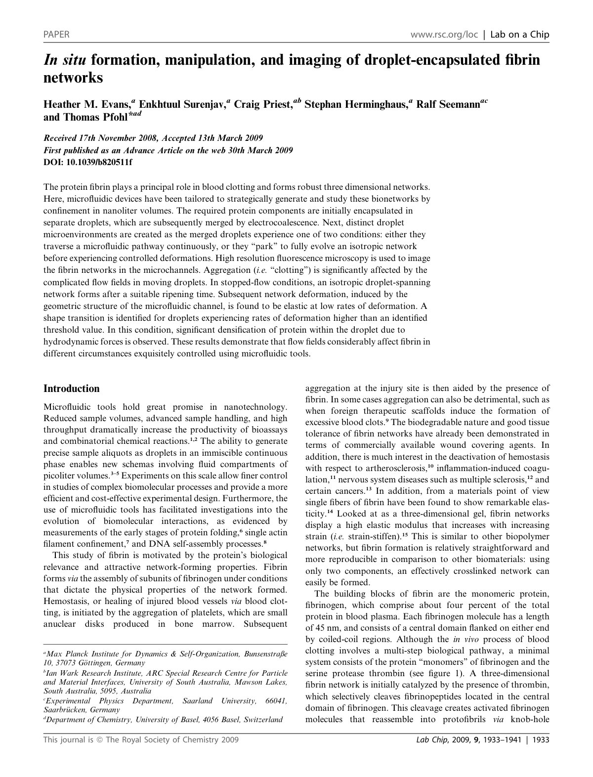 First page of In situformation, manipulation, and imaging of droplet-encapsulated ﬁbrin networks