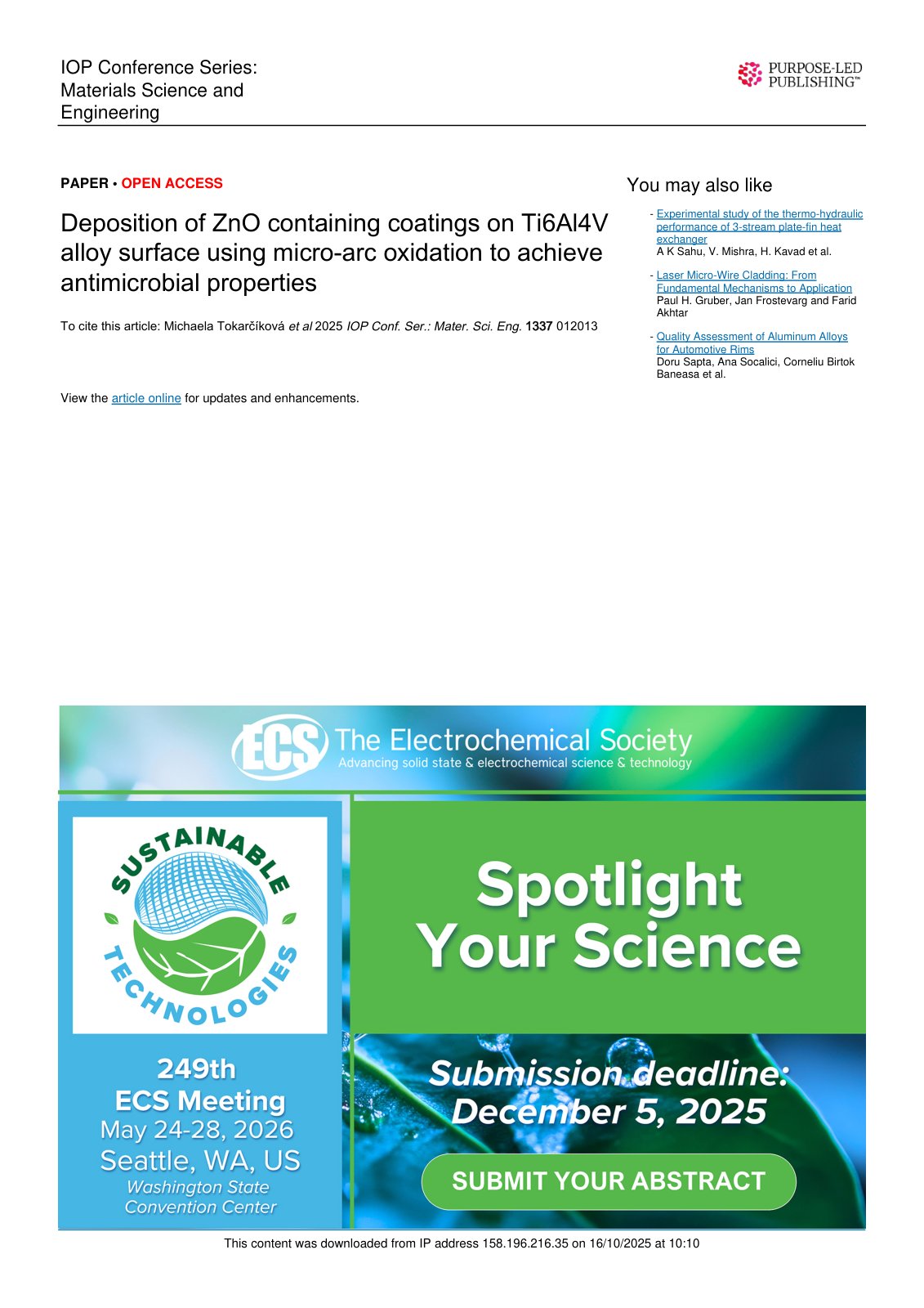 First page of 2025 Tokarcikova ZnO MicroArc Oxidation Ti6Al4V