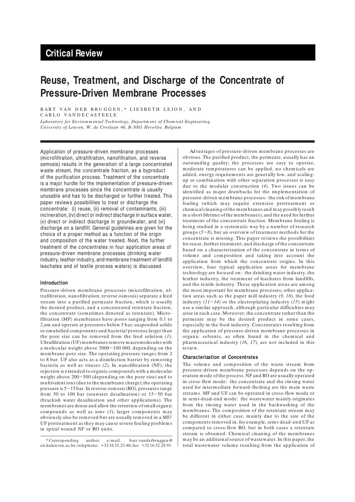 First page of Reuse, Treatment, and Discharge of the Concentrate of Pressure-Driven Membrane Processes