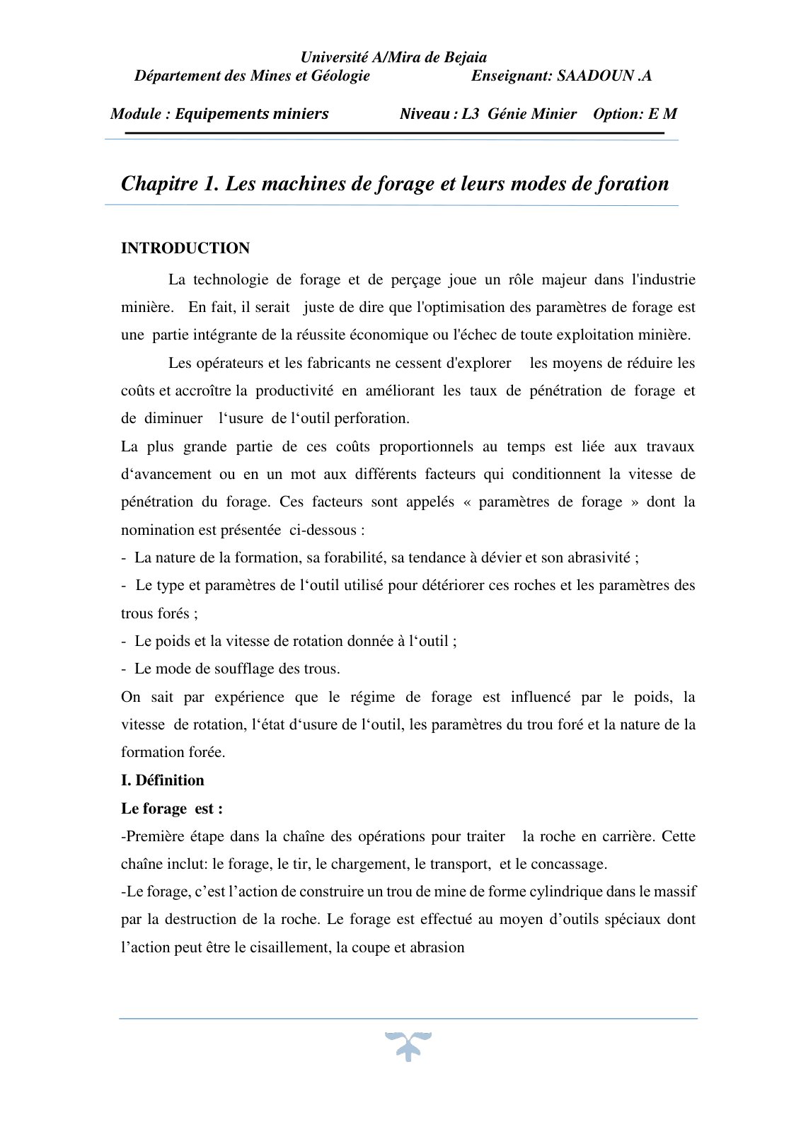 First page of Cours  Equipements   Miniers   L3   EM   docx