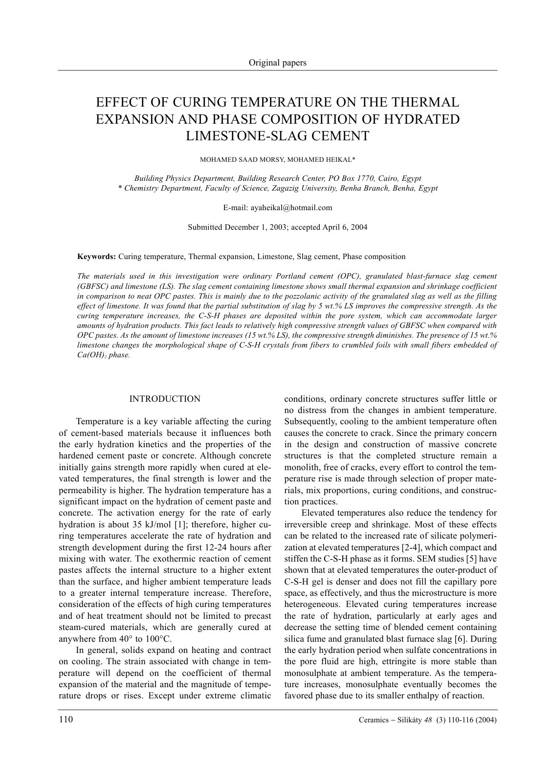 First page of VLIV TEPLOTY ZRÁNÍ NA TEPLOTNÍ ROZTAŽNOST A FÁZOVÉ SLOŽENÍ HYDRATOV ANÝCH VÁPENCOVO-STRUSKOVÝCH CEMENTÙ