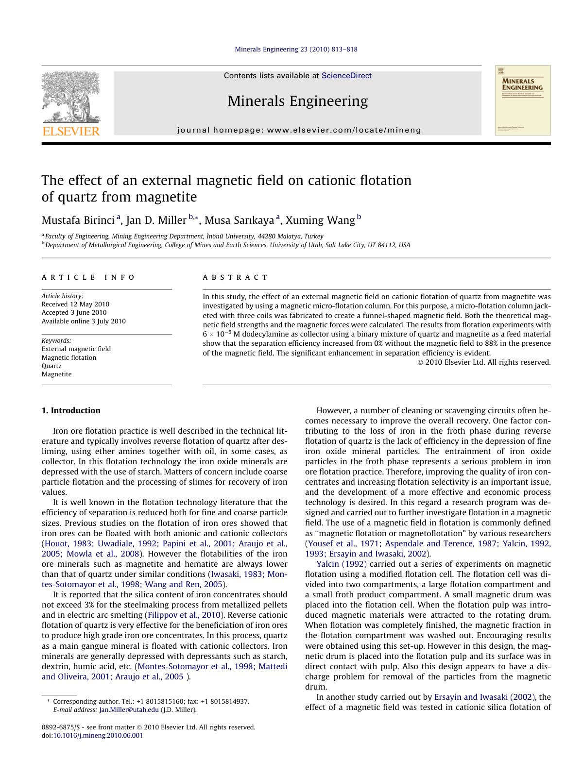 First page of The effect of an external magnetic ﬁeld on cationic ﬂotation of quartz from magnetite