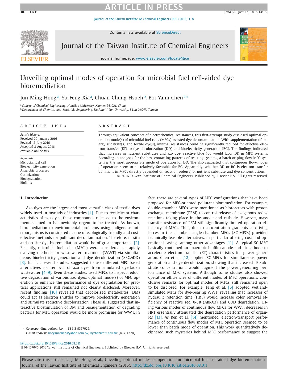 First page of Unveiling optimal modes of operation for microbial fuel cell-aided dye bioremediation