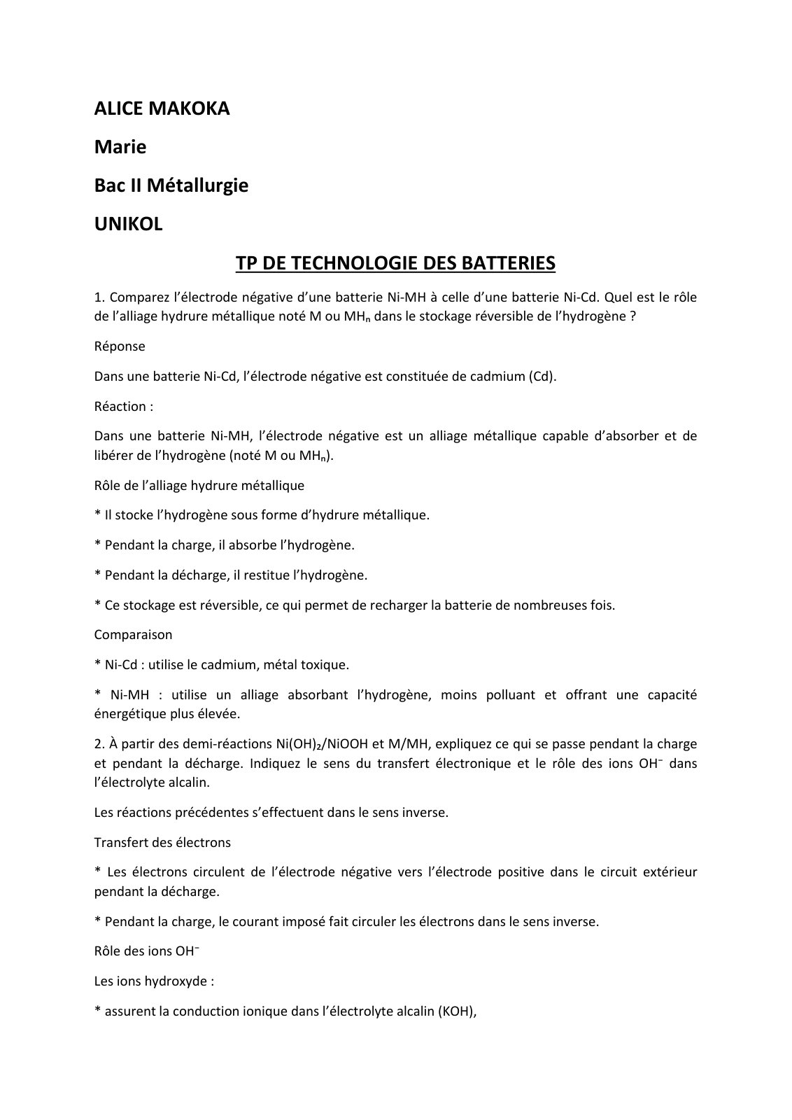 First page of TP DE TECHNOLOGIE DES BATTERIES