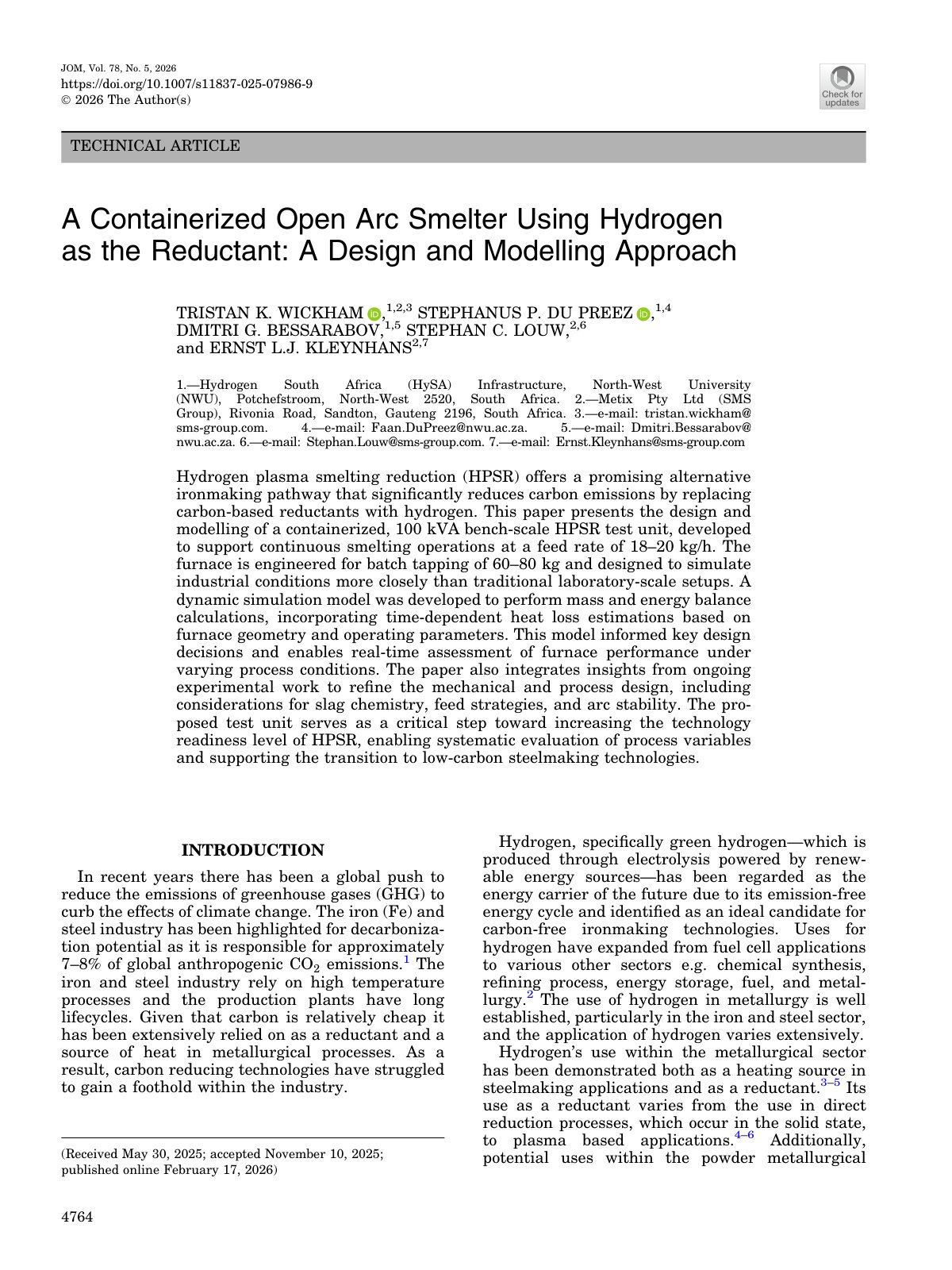 First page of 2026 Wickham Containerized Open Arc Smelter Hydrogen