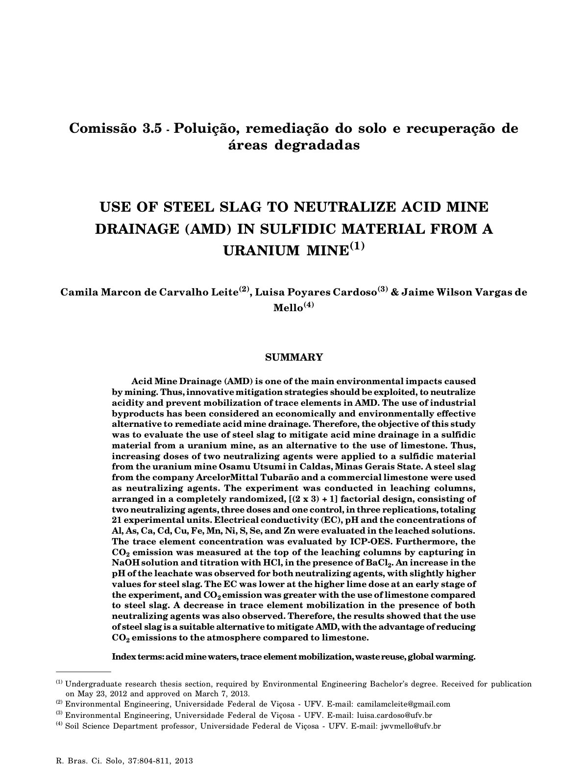 First page of USE OF STEEL SLAG TO NEUTRALIZE ACID MINE DRAINAGE (AMD) IN SULFIDIC MATERIAL FROM A URANIUM MINE