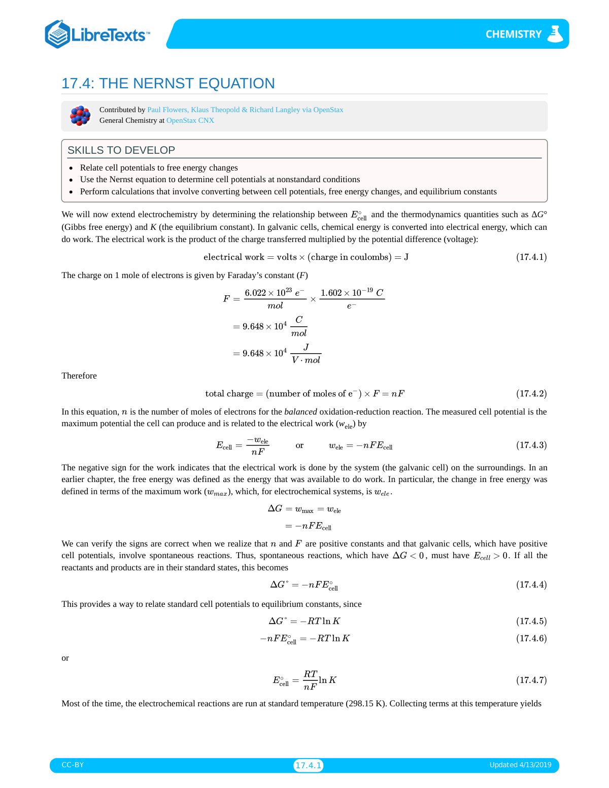 First page of LibreTexts  Louisville Collegiate School  Chapters  17  Electrochemistry  17.4  The Nernst Equation