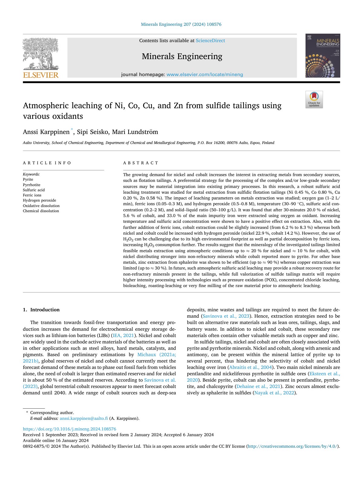 First page of Atmospheric leaching of Ni  Co  Cu  and Zn from sulfide t 2024 Minerals Engi