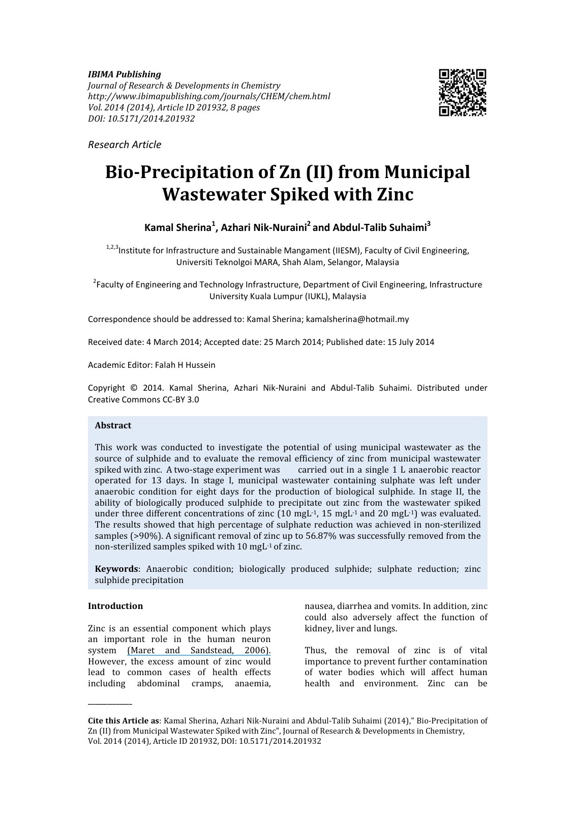 First page of Bio Precipitation of Zn II from Municipa