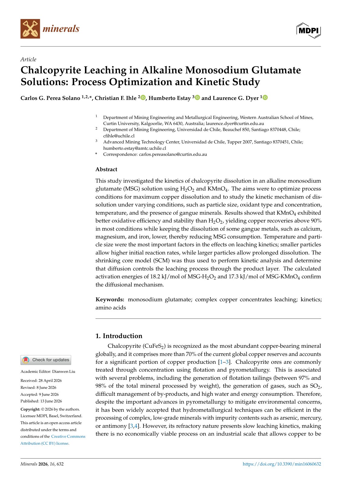 First page of Chalcopyrite Leaching in Alkaline Monosodium Glutamate Solutions: Process Optimization and Kinetic Study