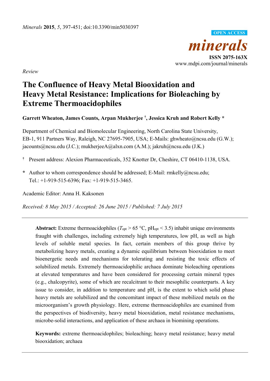 First page of The Confluence of Heavy Metal Biooxidation and Heavy Metal Resistance: Implications for Bioleaching by Extreme Thermoacidophiles