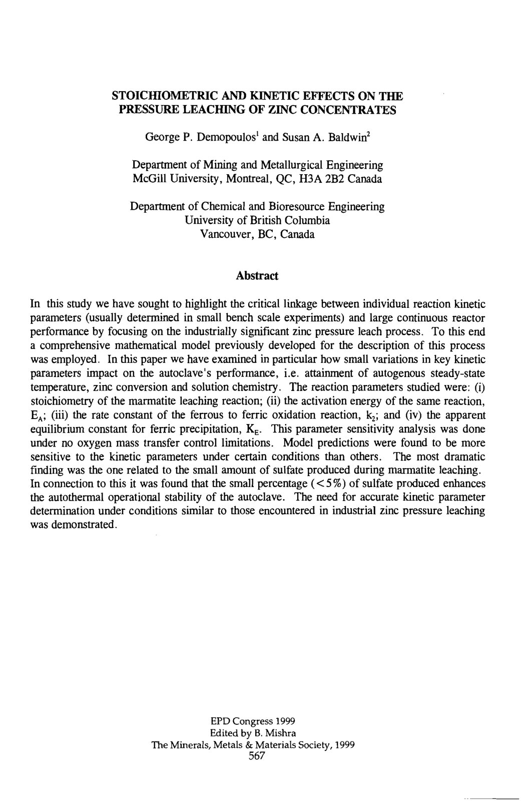 First page of Stoichiometric and Kinetic Effects on the Pressure Leaching of Zinc Concentrates