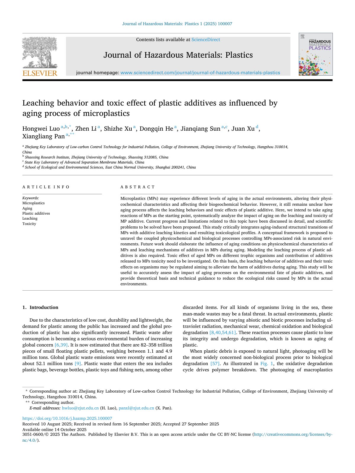 First page of Leaching behavior and toxic effect of plastic addit 2025 Journal of Hazardou