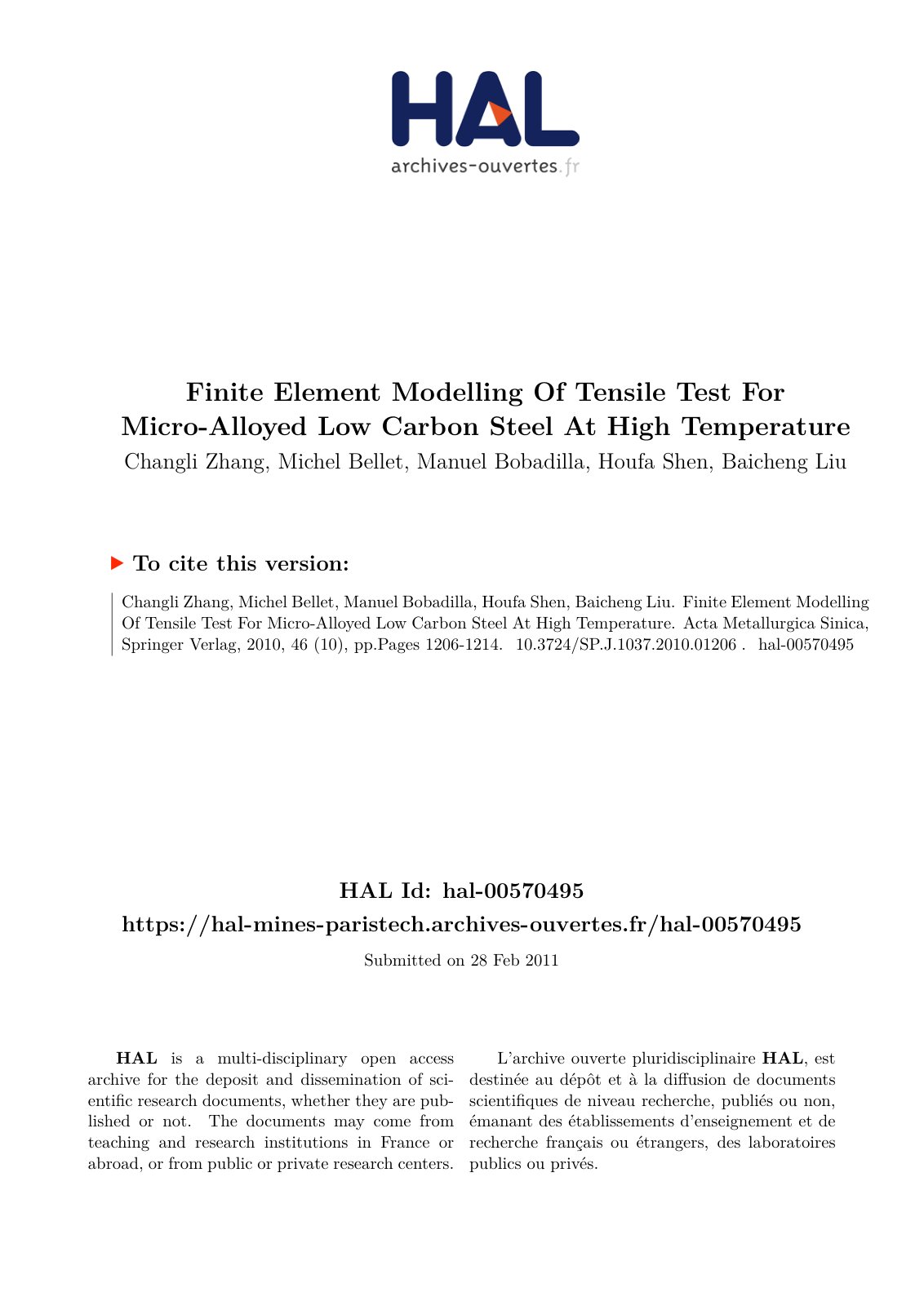 First page of Finite Element Modelling Of Tensile Test For Micro-Alloyed Low Carbon Steel At High Temperature