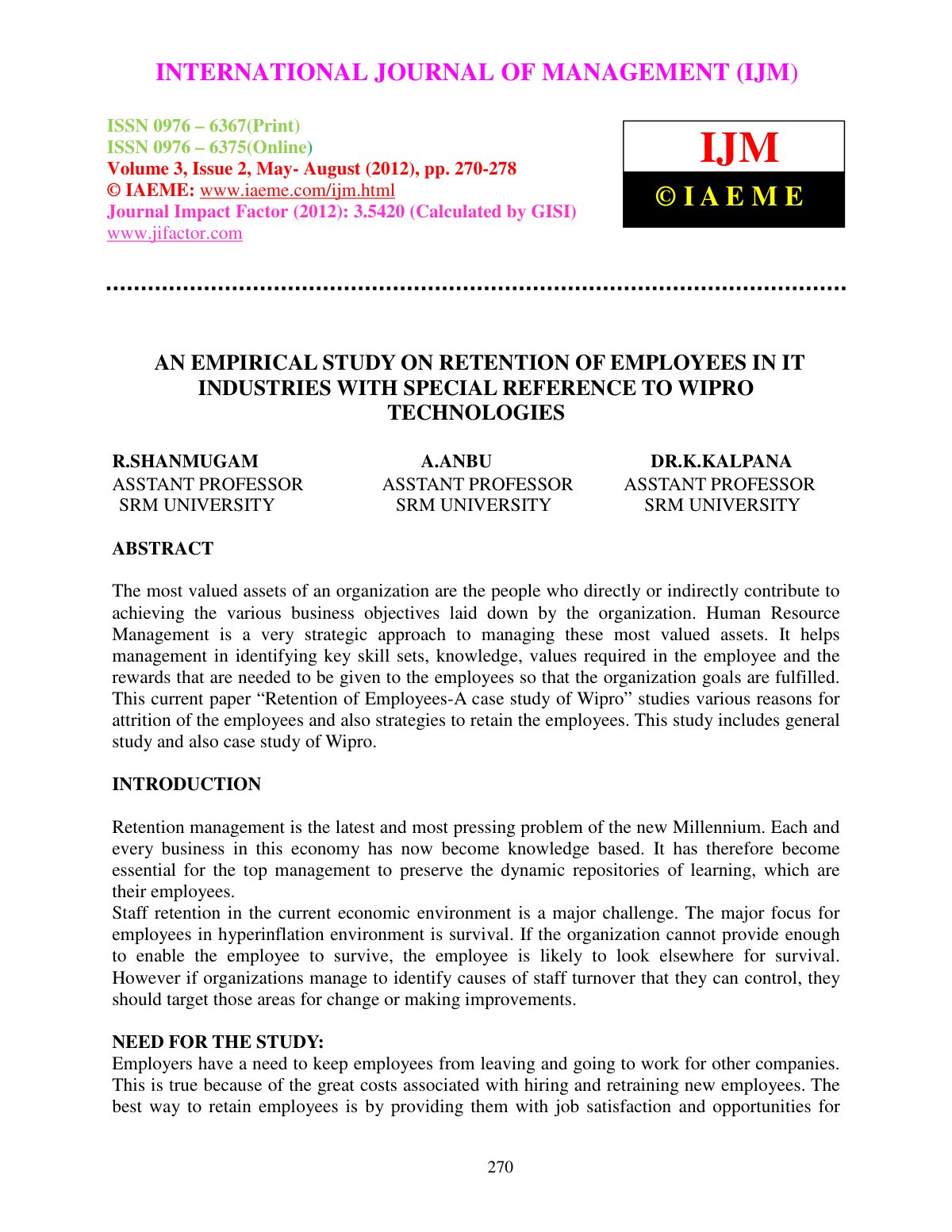 First page of AN EMPIRICAL STUDY ON RETENTION OF EMPLO