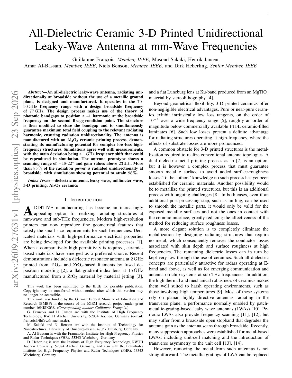First page of All-Dielectric Ceramic 3-D Printed Unidirectional Leaky-Wave Antenna at mm-Wave Frequencies