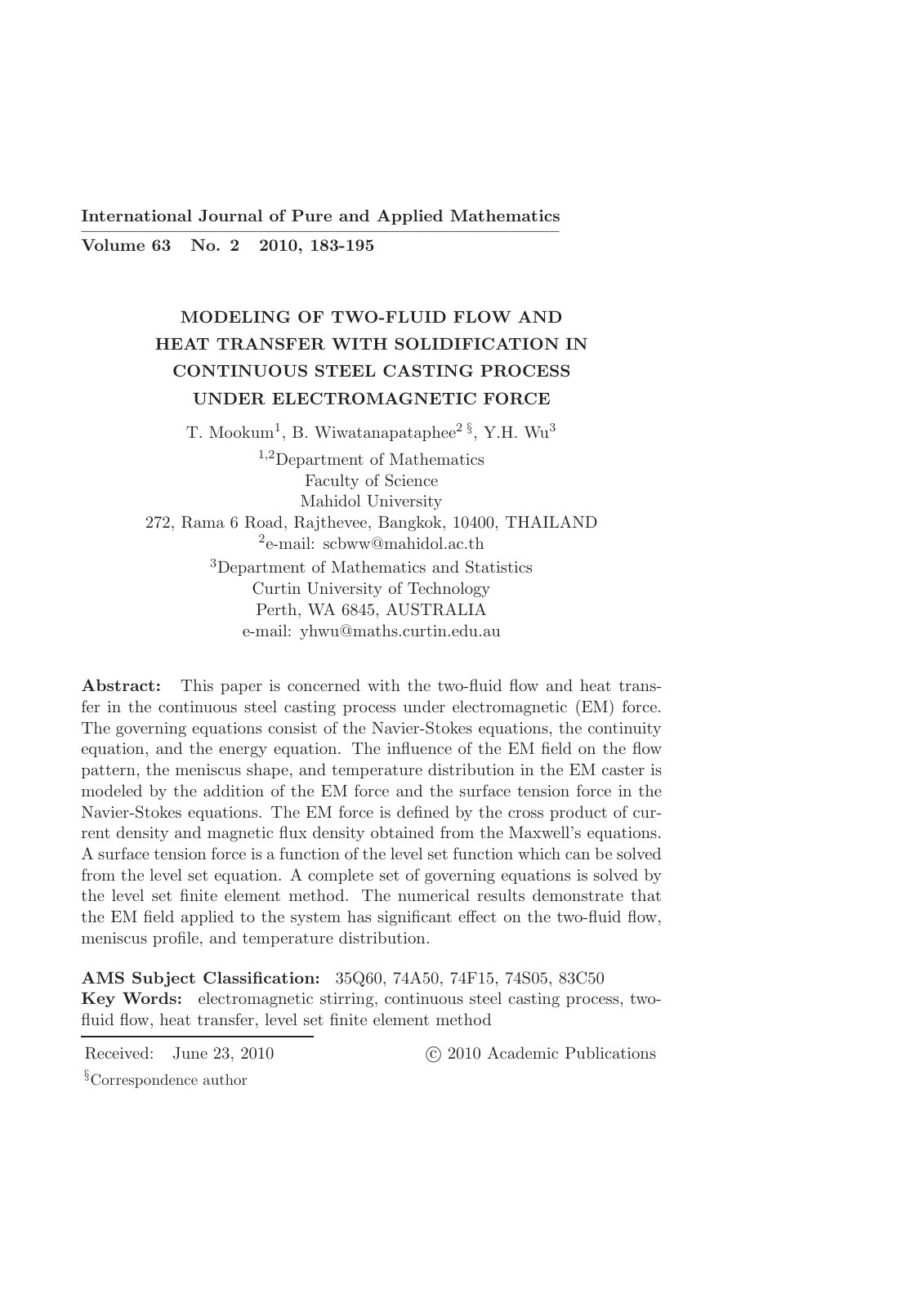 First page of Modeling of two fluid flow and heat tran