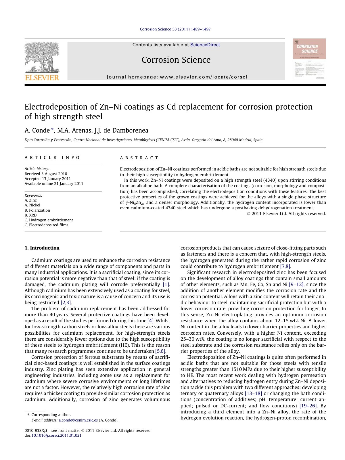 First page of Electrodeposition of Zn–Ni coatings as Cd replacement for corrosion protection of high strength steel