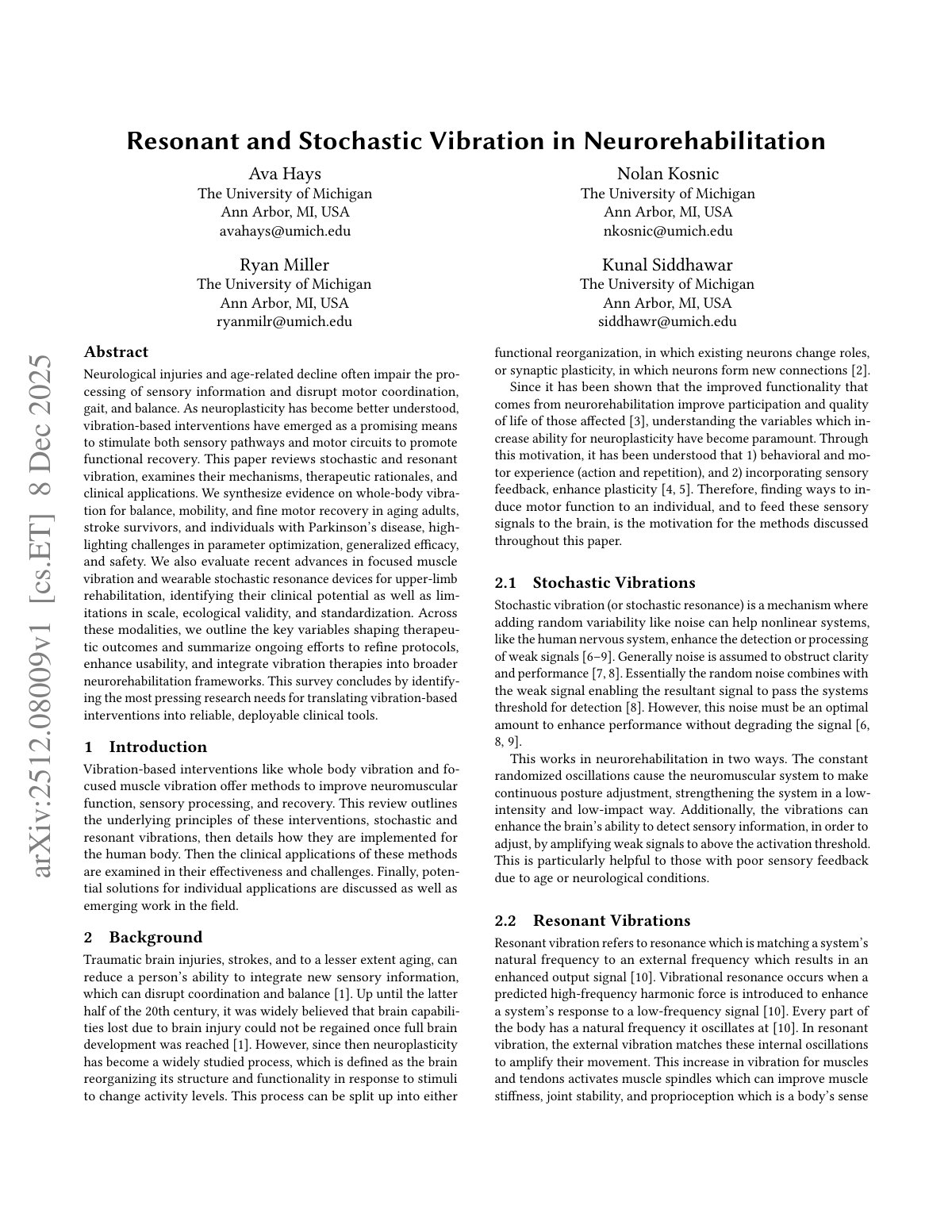 First page of Resonant and Stochastic Vibration in Neurorehabili