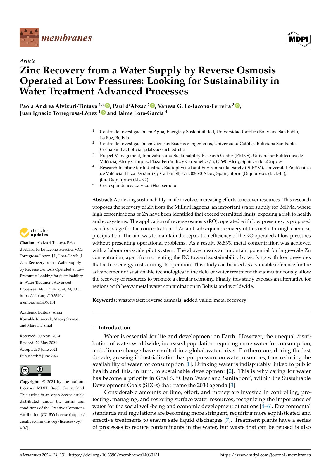 First page of Zinc Recovery from a W ater Supply by Reverse Osmosis Operated at Low Pressures: Looking for Sustainability in W ater T reatment Advanced Processes