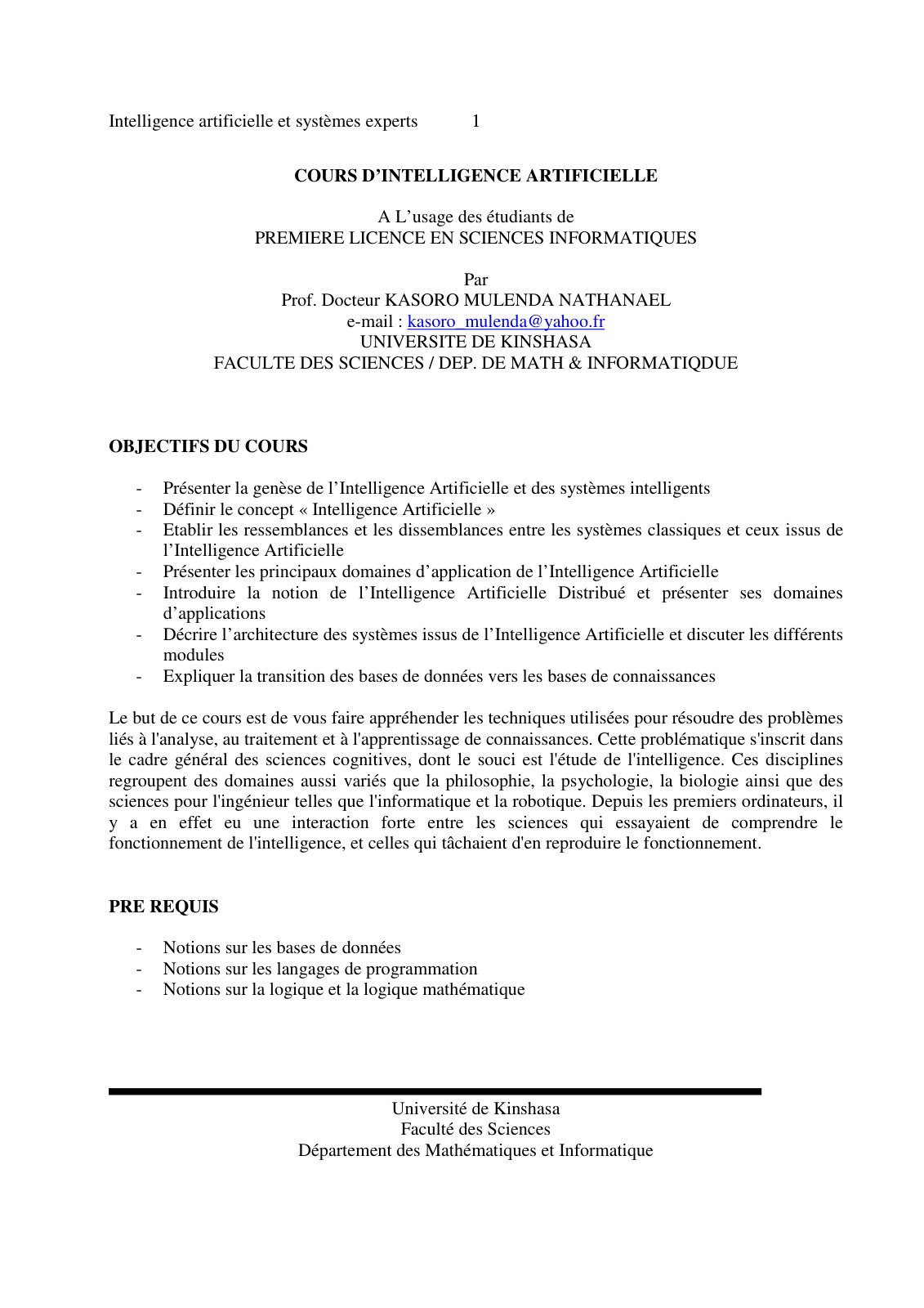 First page of Cours d'intelligence artificielle