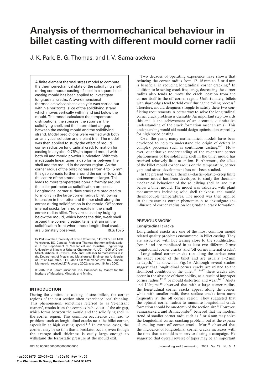 First page of Analysis of thermomechanical behaviour in billet casting with different mould corner radii