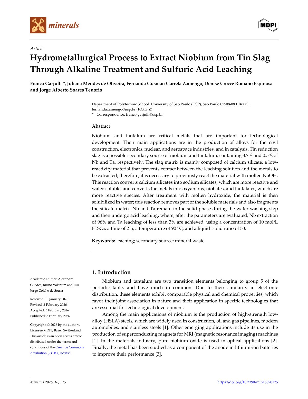First page of Hydrometallurgical Process to Extract Niobium from Tin Slag Through Alkaline Treatment and Sulfuric Acid Leaching