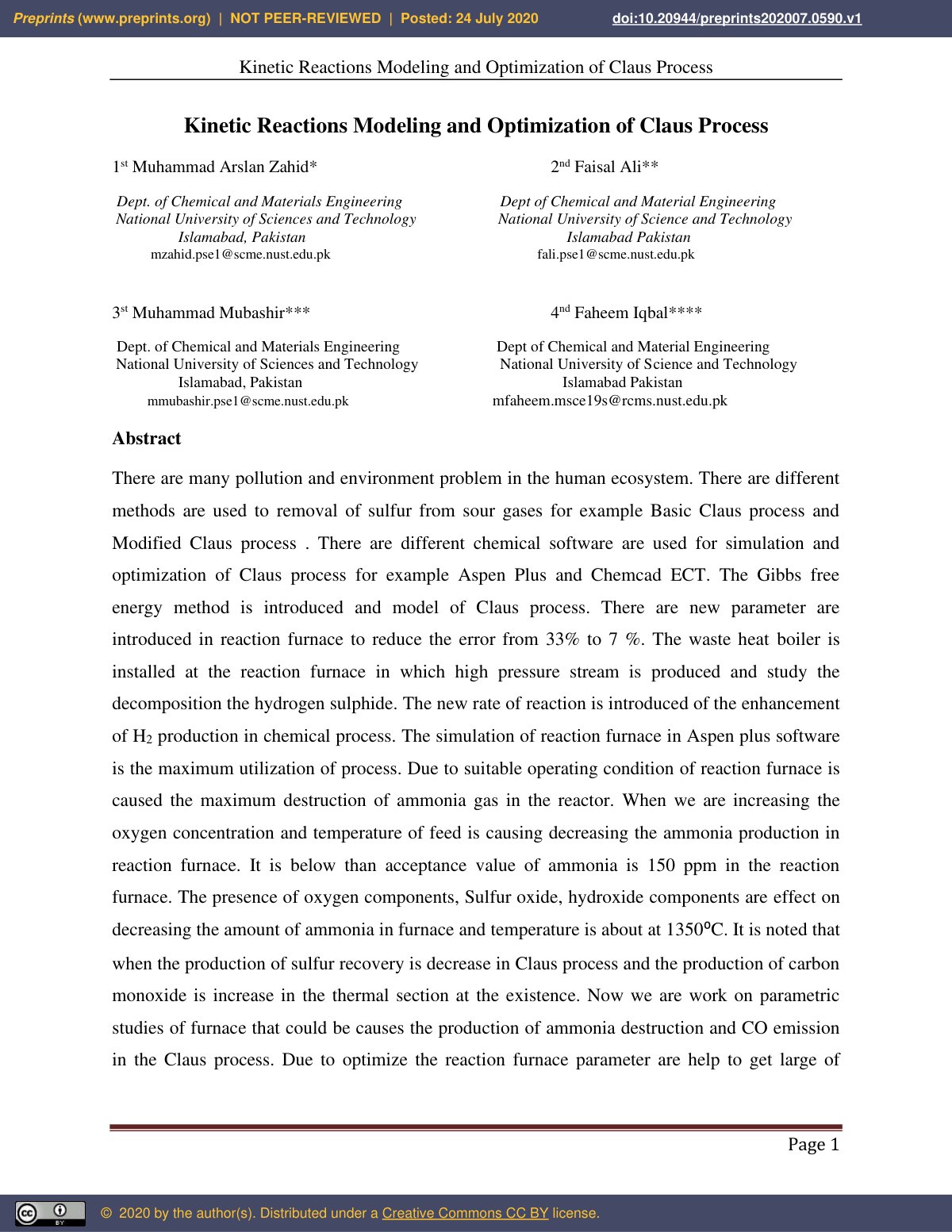 First page of Kinetic Reactions Modeling and Optimization of Claus Process