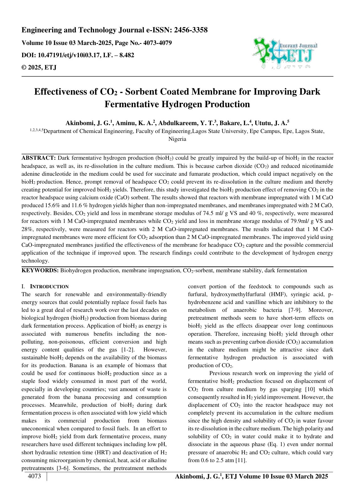 First page of Effectiveness of CO2 - Sorbent Coated Membrane for Improving Dark  Fermentative Hydrogen Production  
