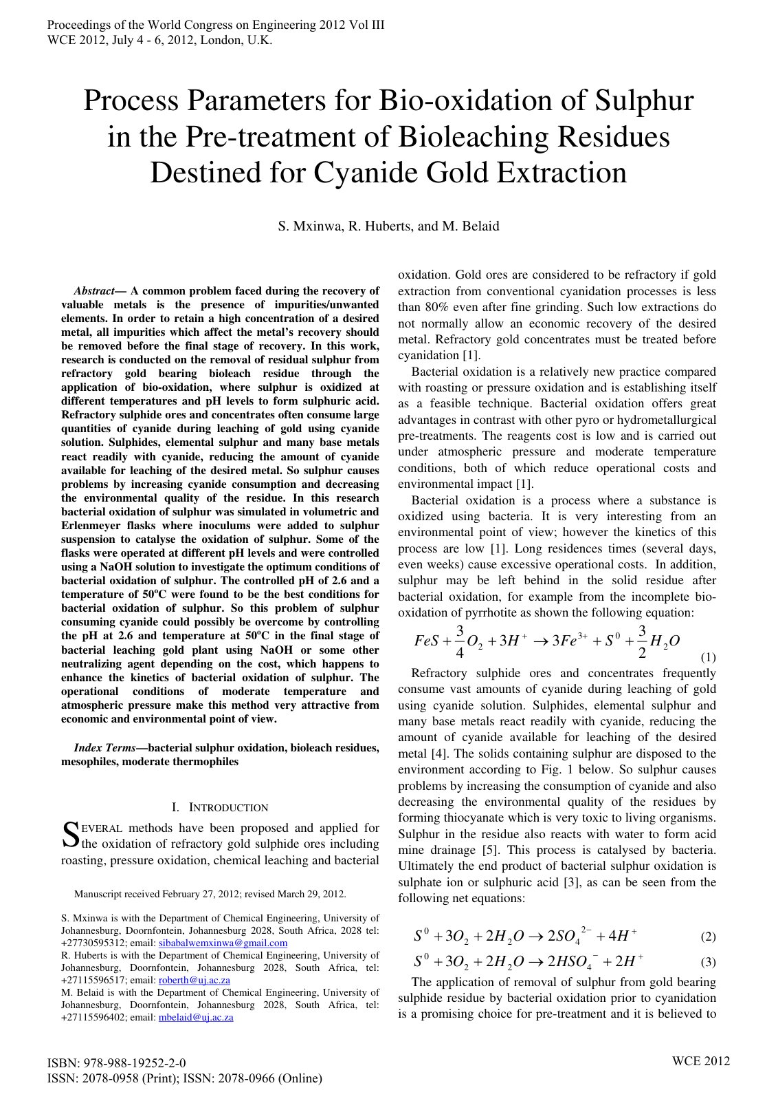 First page of Process parameters for bio oxidation of