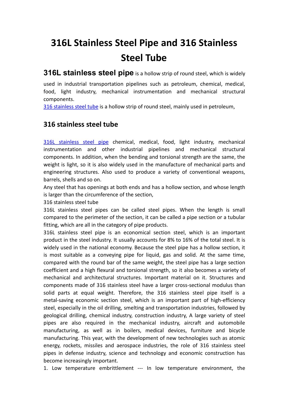 First page of 316L stainless steel pipe and 316 stainl
