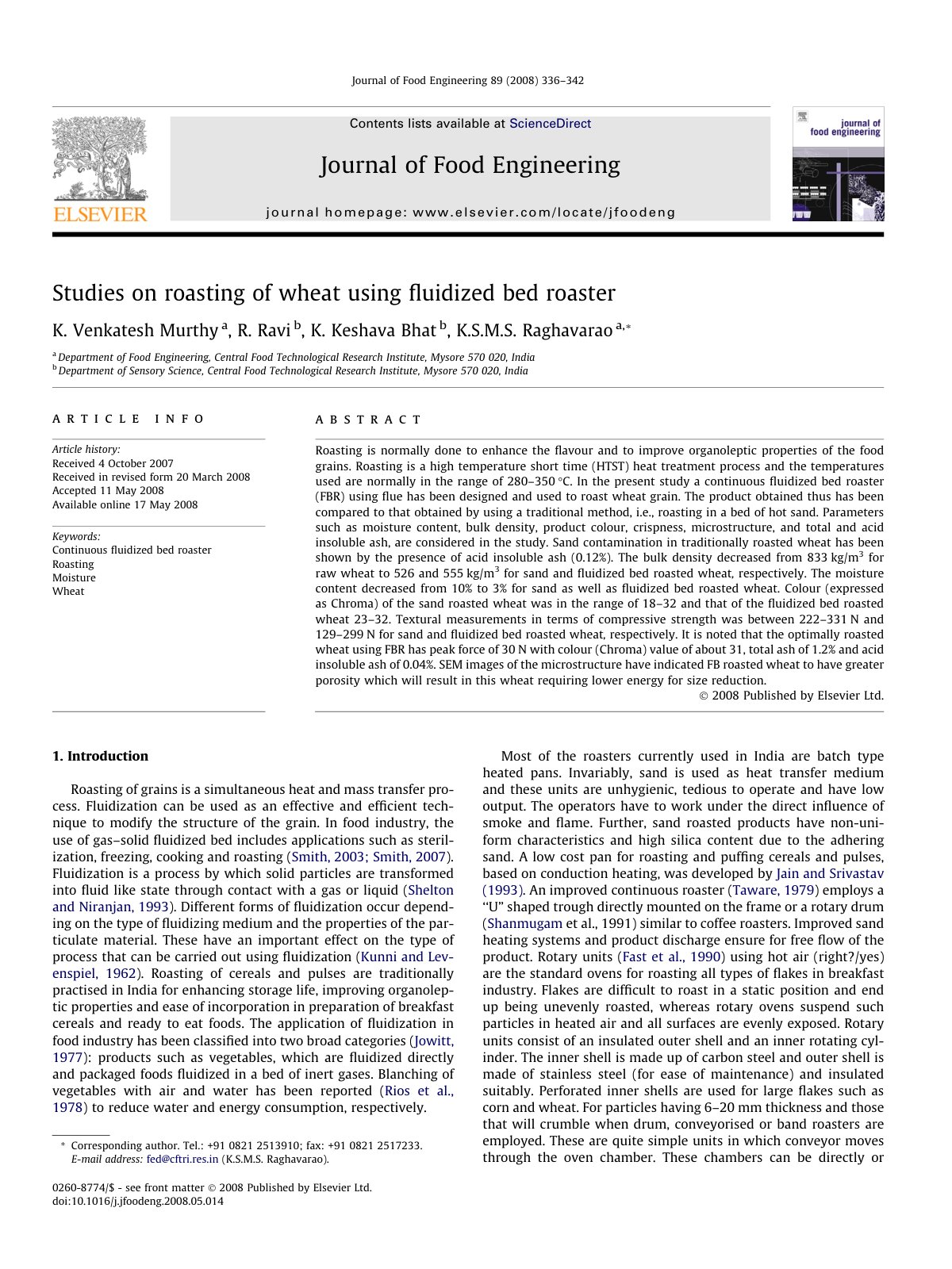 First page of Studies on roasting of wheat using ﬂuidized bed roaster