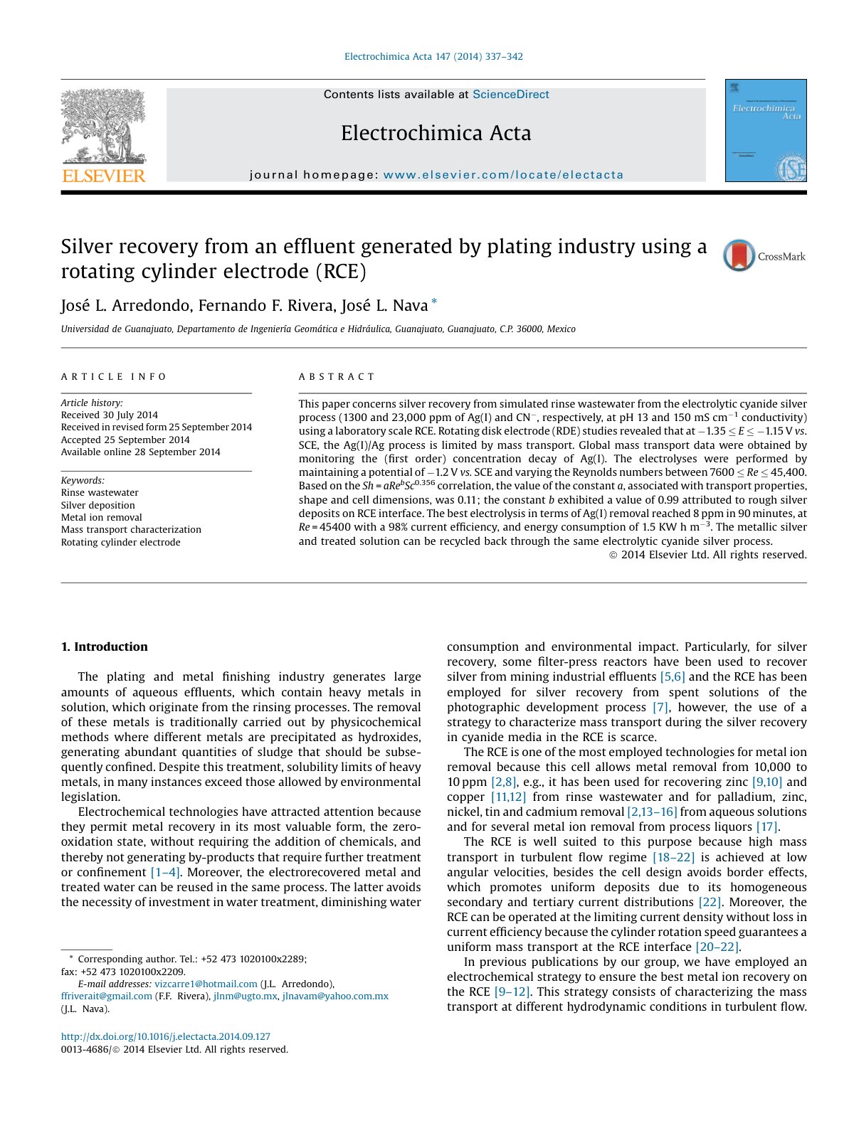 First page of Silver recovery from an efﬂuent generated by plating industry using a rotating cylinder electrode (RCE)