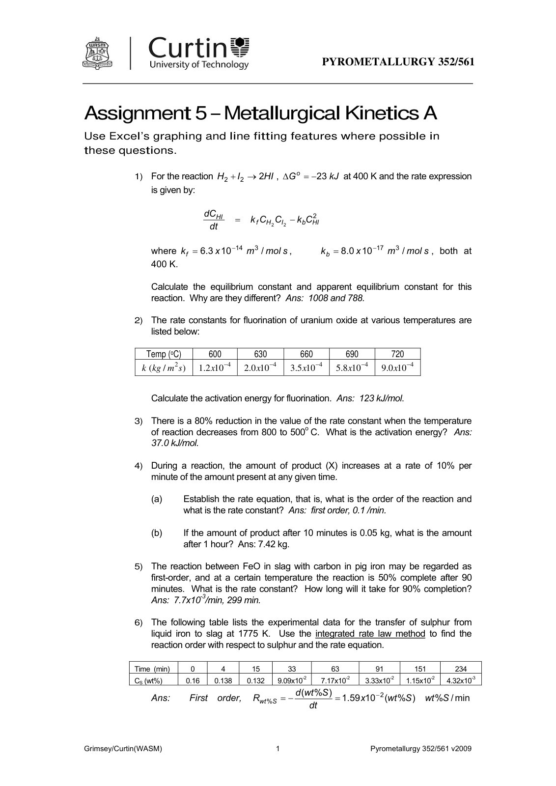 First page of Assn5 KineticsA2009