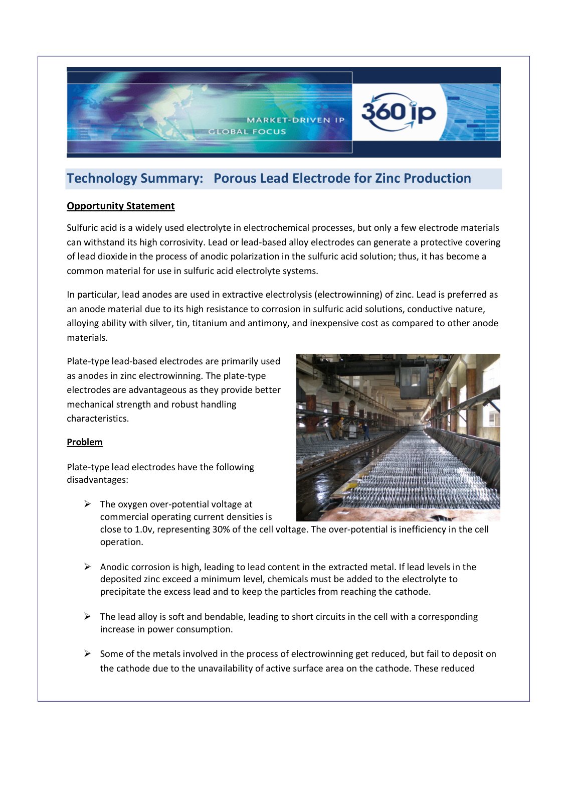 First page of 27 Lead Anode from Zn production Technology Summary