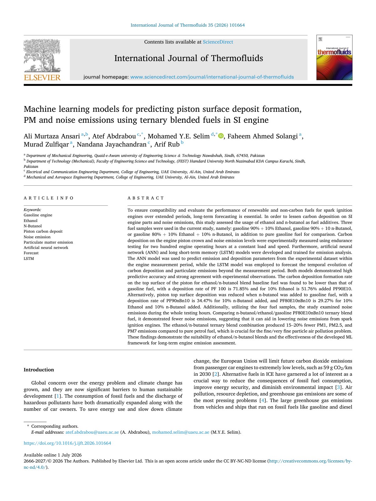 First page of Machine learning models for predicting piston surface deposit formation, PM and noise emissions using ternary blended fuels in SI engine