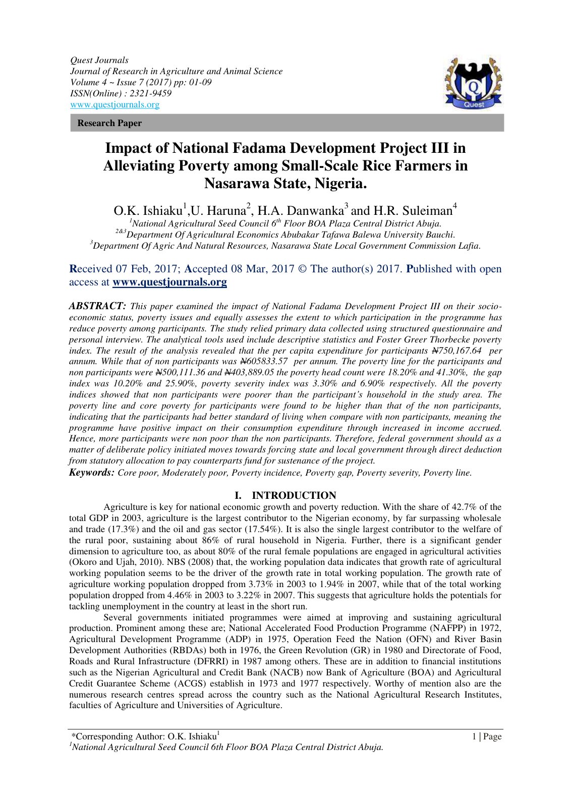 First page of Impact of National Fadama Development Pr