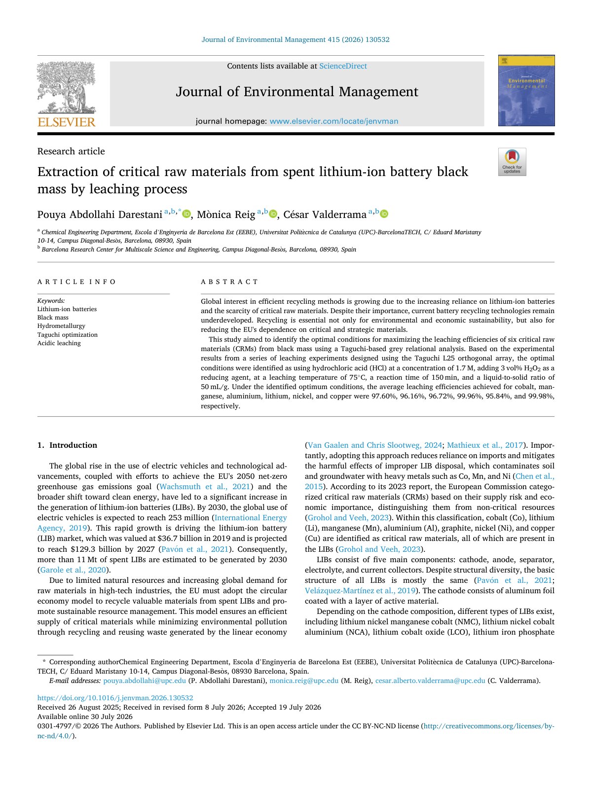 First page of Extraction of critical raw materials from spent lith 2026 Journal of Environ