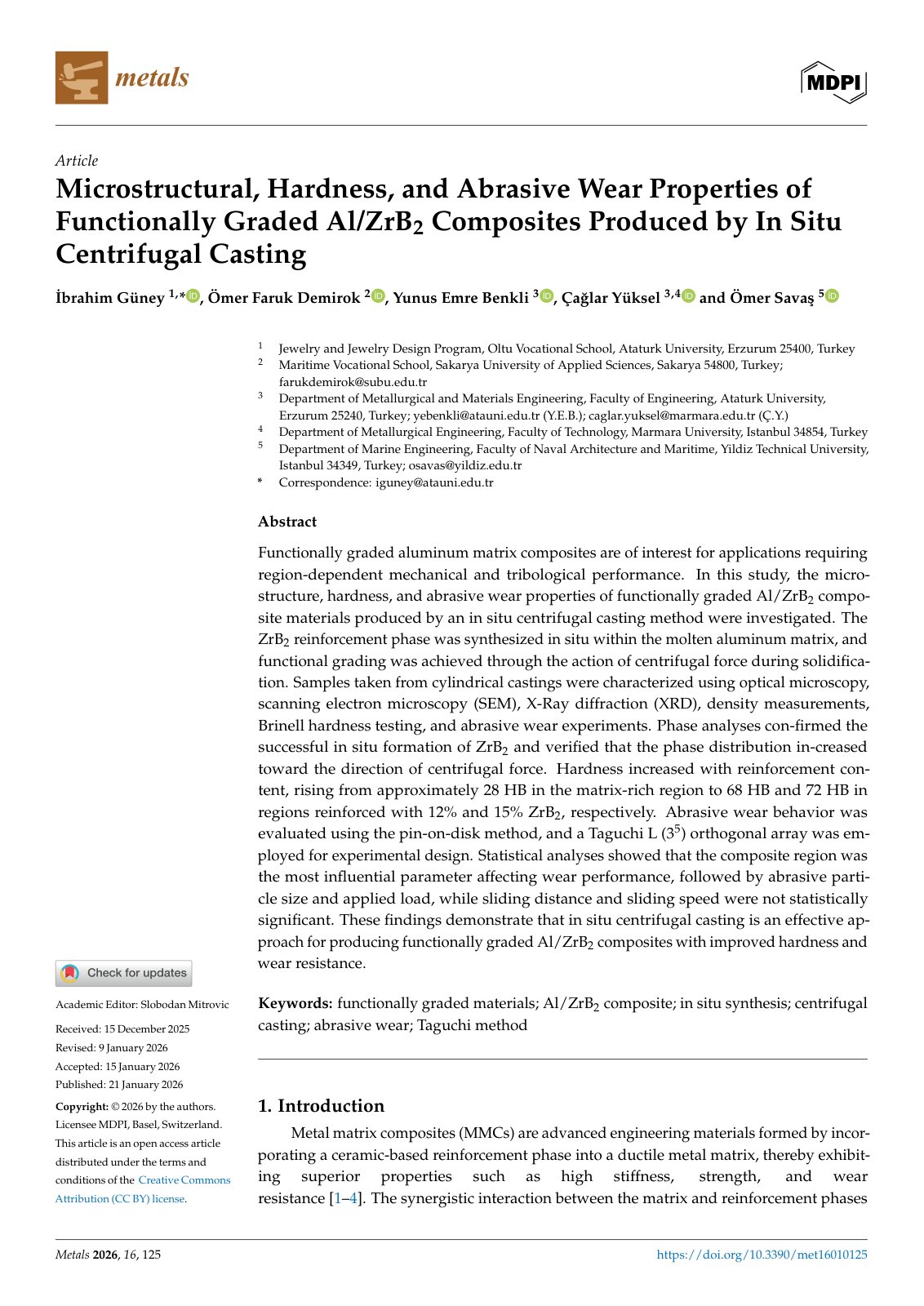 First page of 2026 Guney Al ZrB2 Centrifugal Casting
