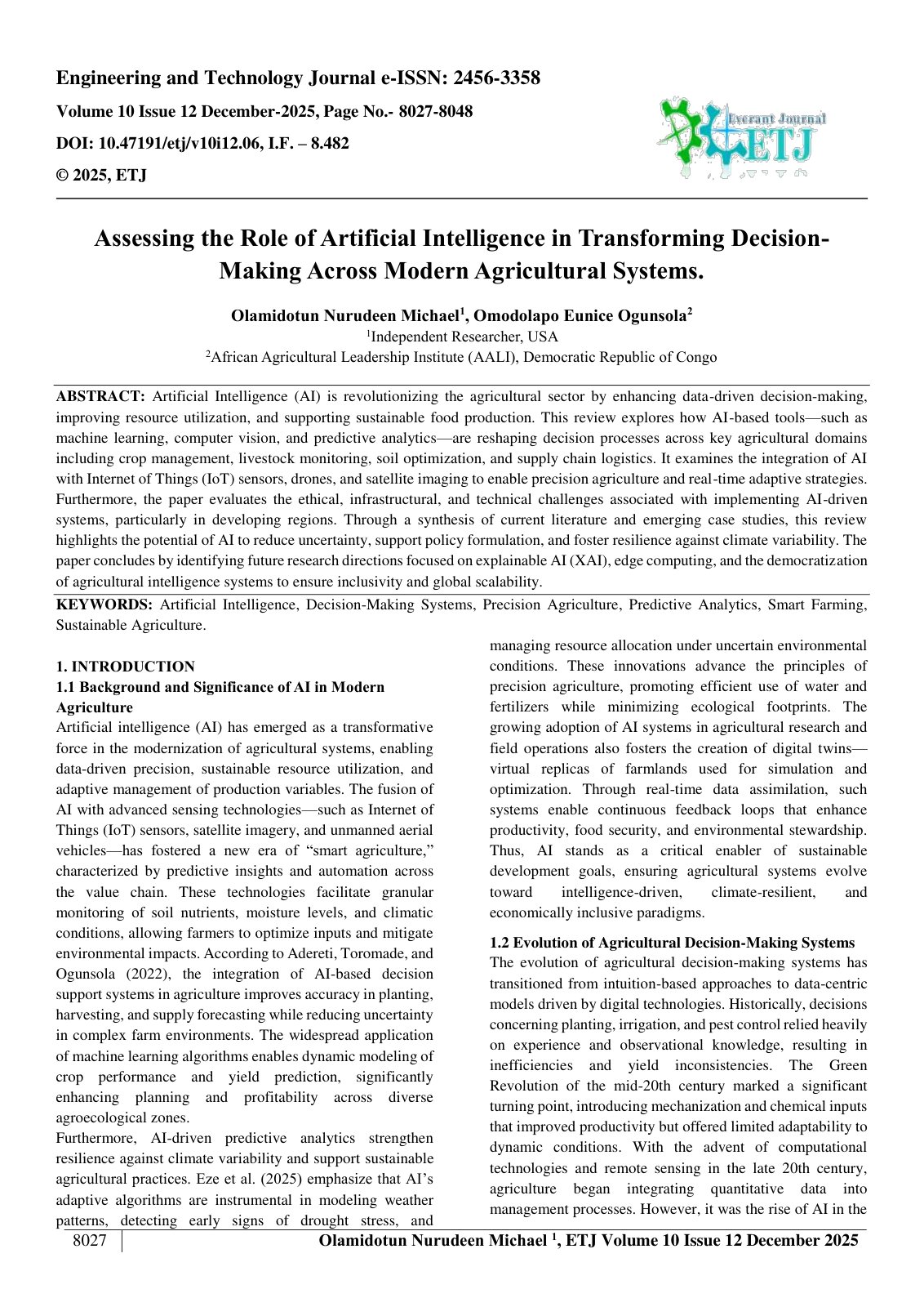 First page of Assessing the Role of Artificial Intelligence in Transforming Decision Making Across Modern Agricultural Systems.  