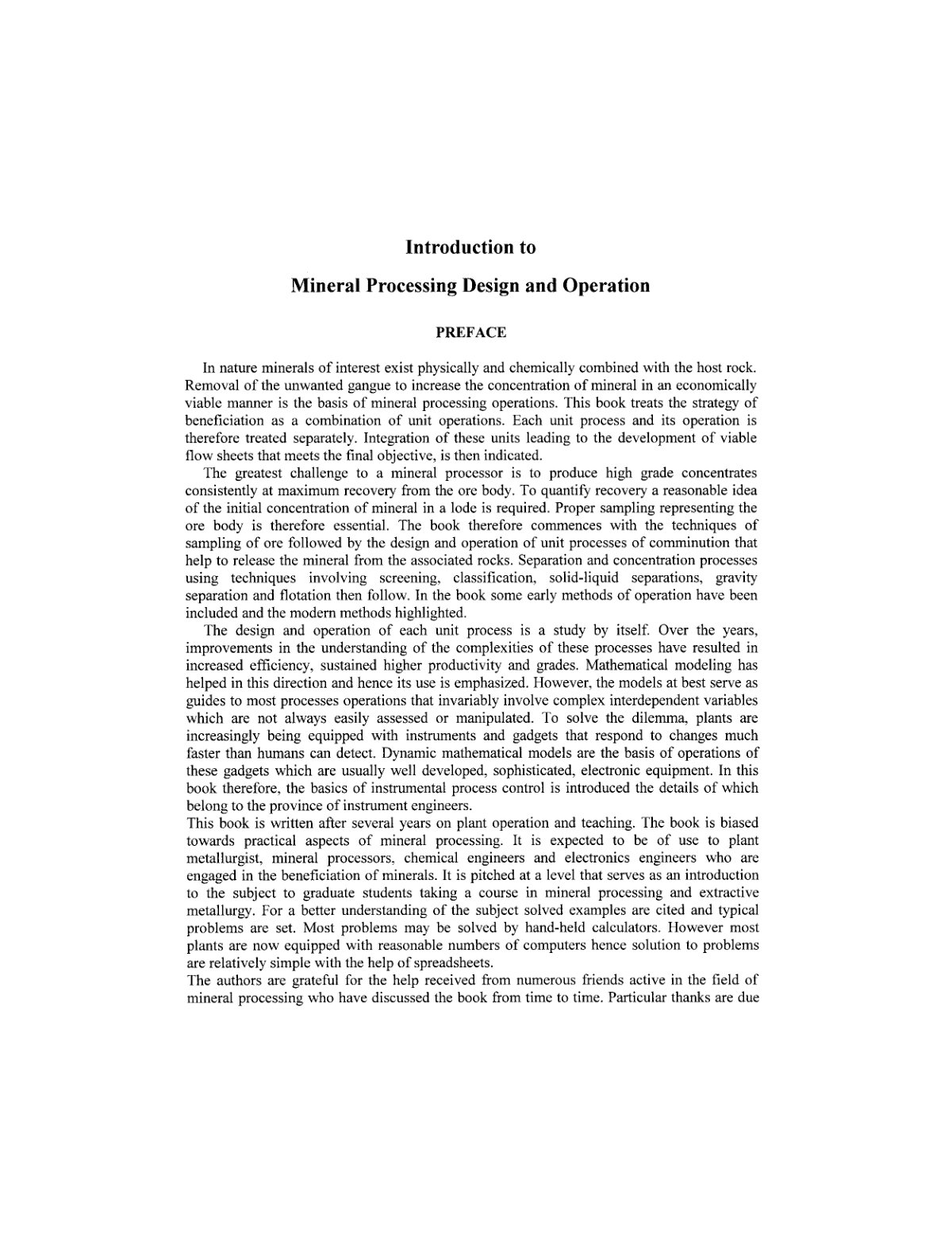 First page of Introduction to Mineral Processing Design and Operation