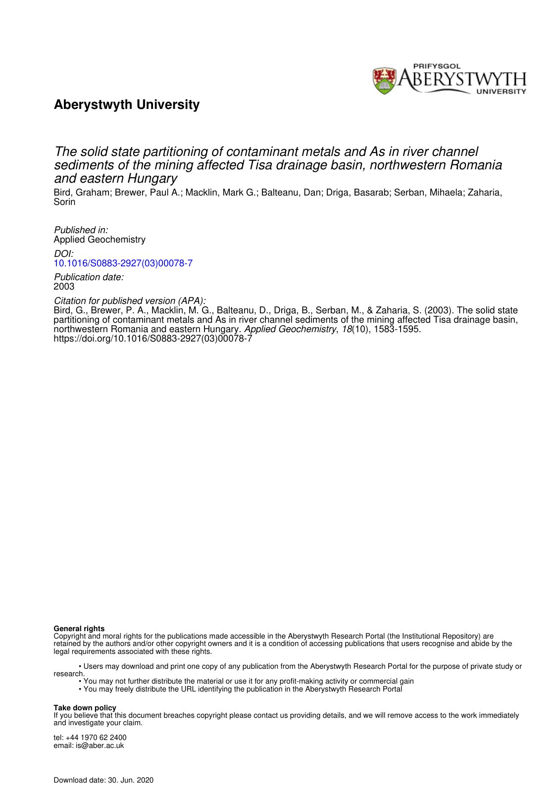 First page of The solid state partitioning of contaminant metals and As in river channel sediments of the mining affected Tisa drainage basin, northwestern Romania and eastern Hungary