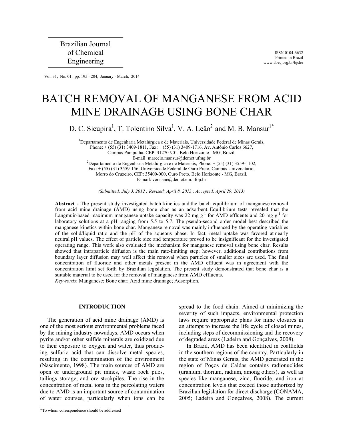 First page of Batch removal of manganese from acid mine drainage using bone char