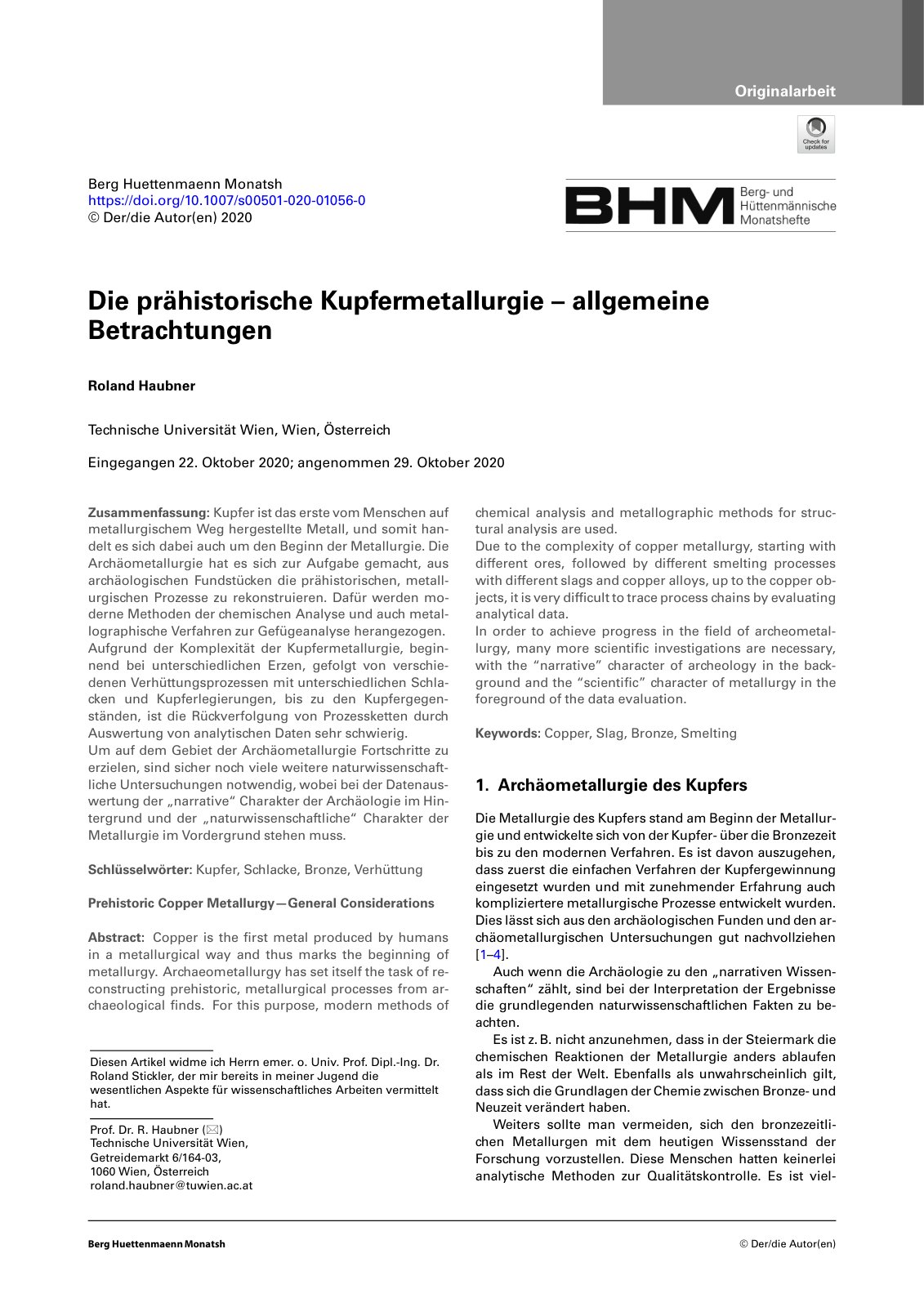 First page of BHMHaubner2020DieprhistorischeKupfermetallurgie