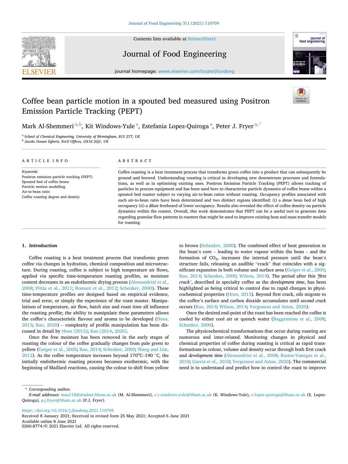 First page of Coffee bean particle motion in a spouted bed measured using Positron Emission Particle Tracking (PEPT)