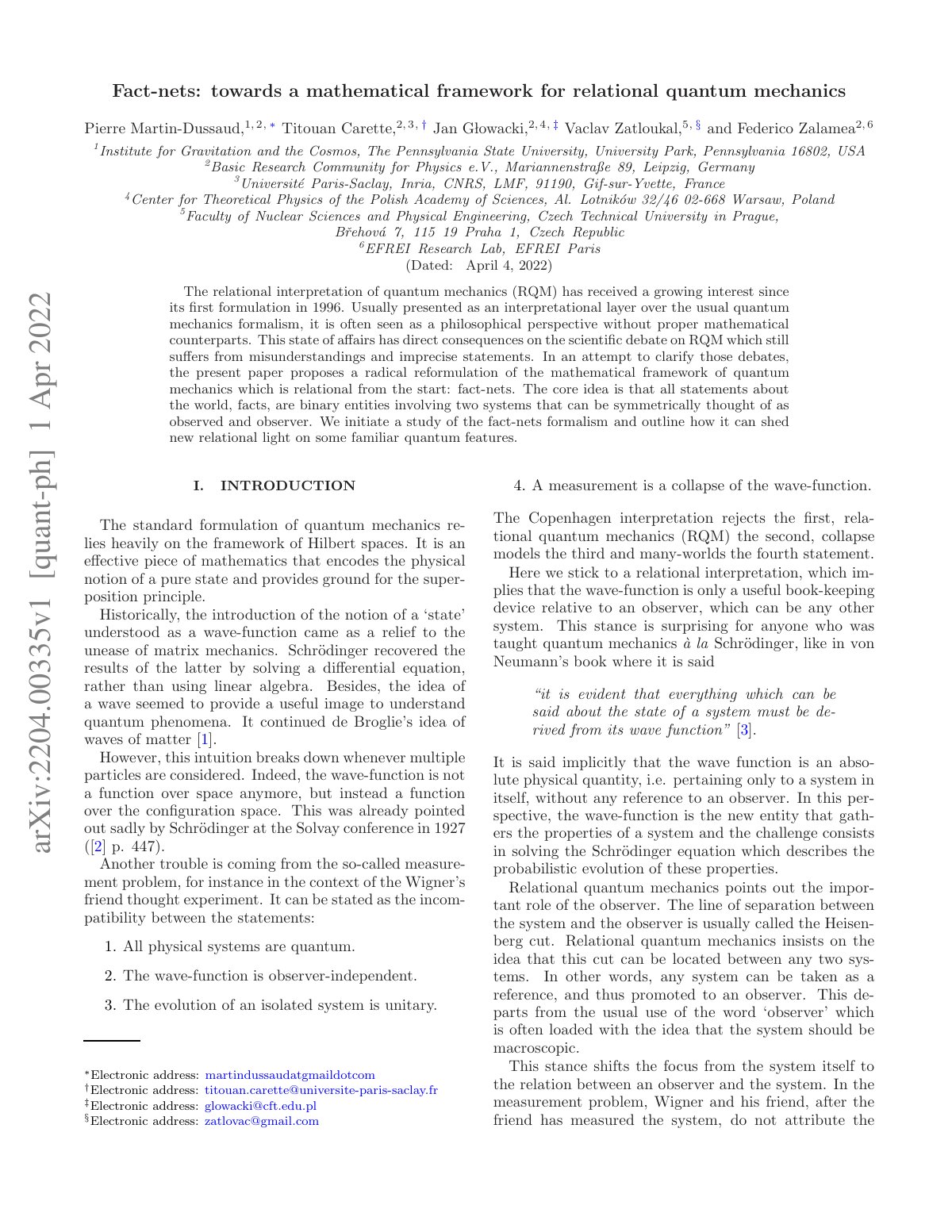 First page of Fact-nets: towards a mathematical framework for relational quantum mechanics