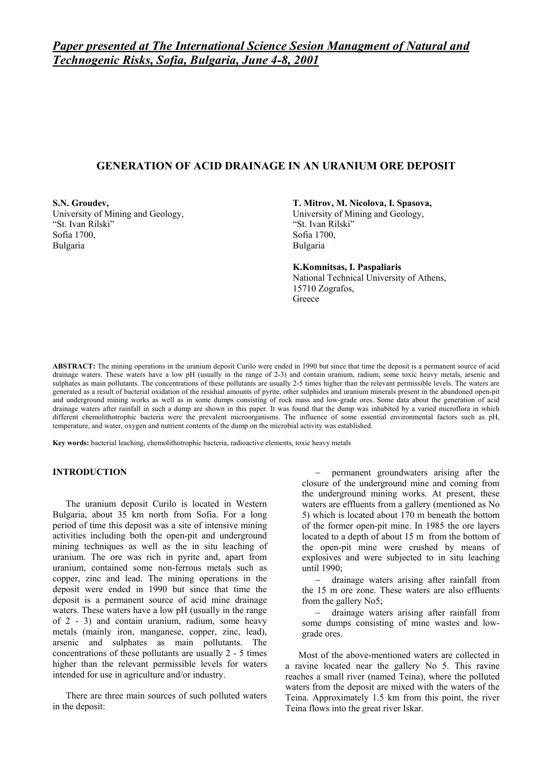 First page of GENERATION OF ACID DRAINAGE IN AN URANIUM ORE DEPOSIT