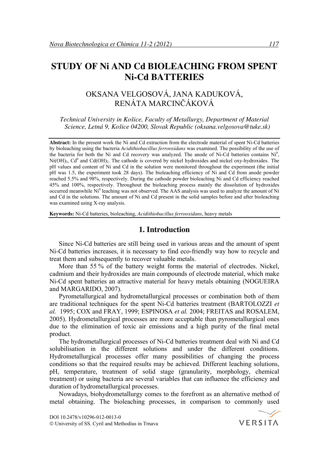 First page of Study of Ni And Cd Bioleaching from Spen