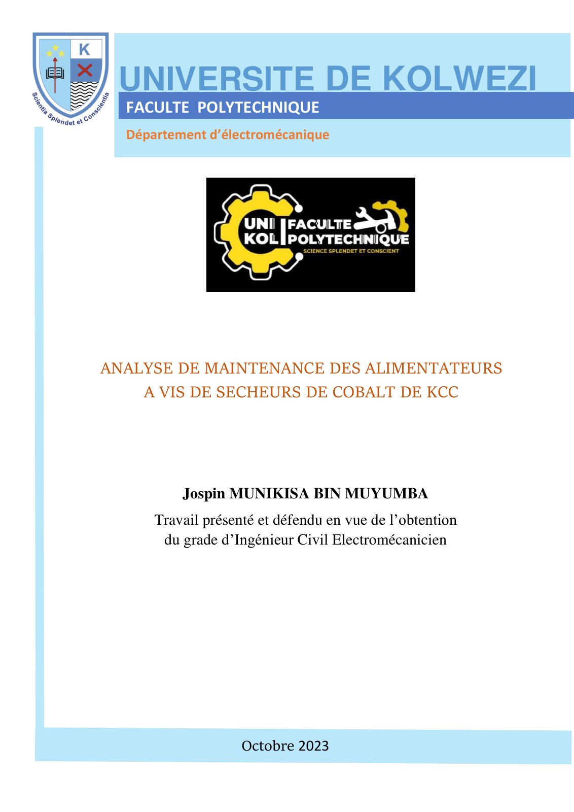 First page of 2022 2023 TFE ELM Jospin MUNIKISA Bin Muyumba
